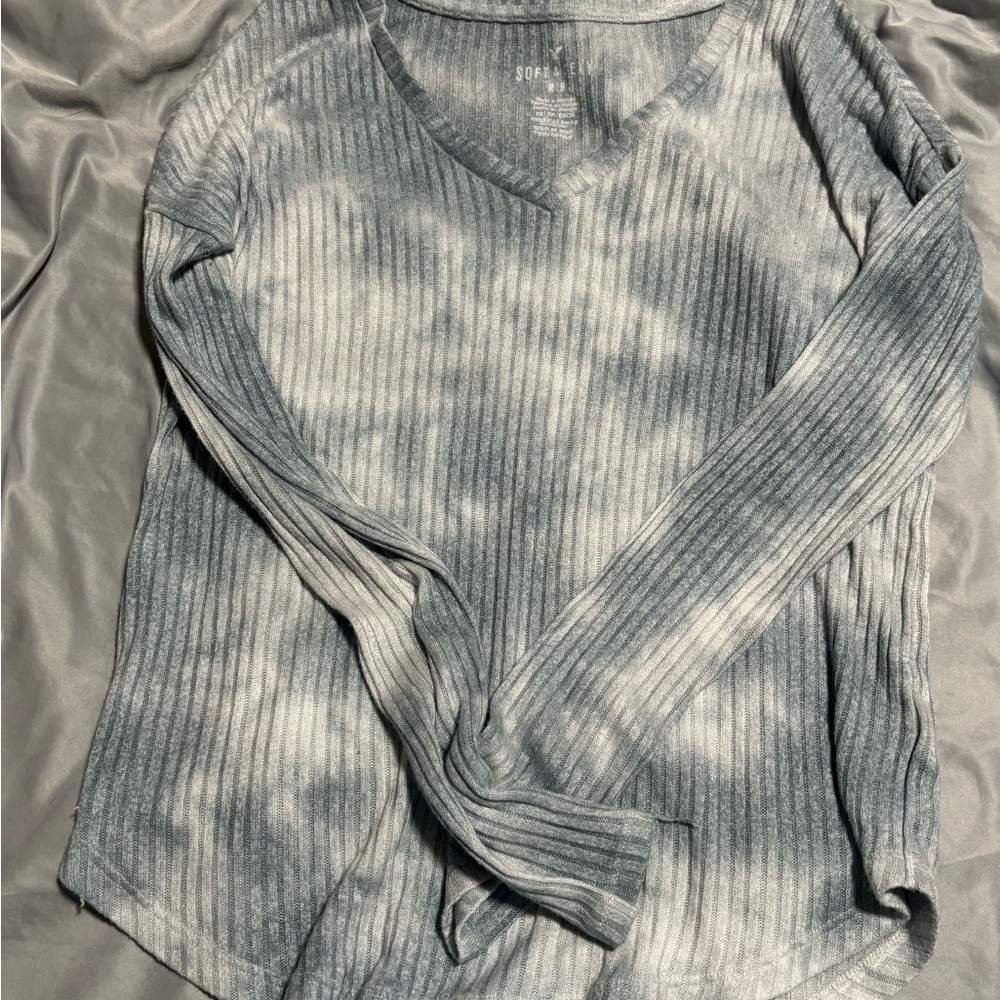 Gray and White Ribbed Long Sleeve Top